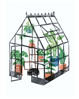 artwork depicting a greenhouse full of potted plants and a cat