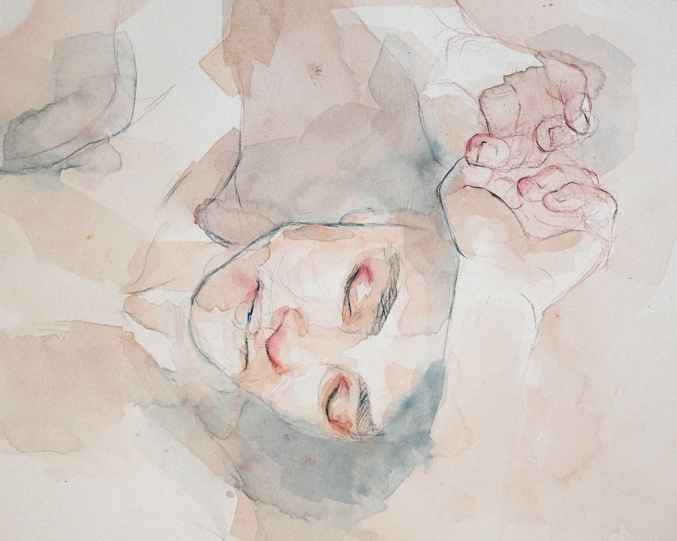a painting of a person reclining with their hands clasped overhead