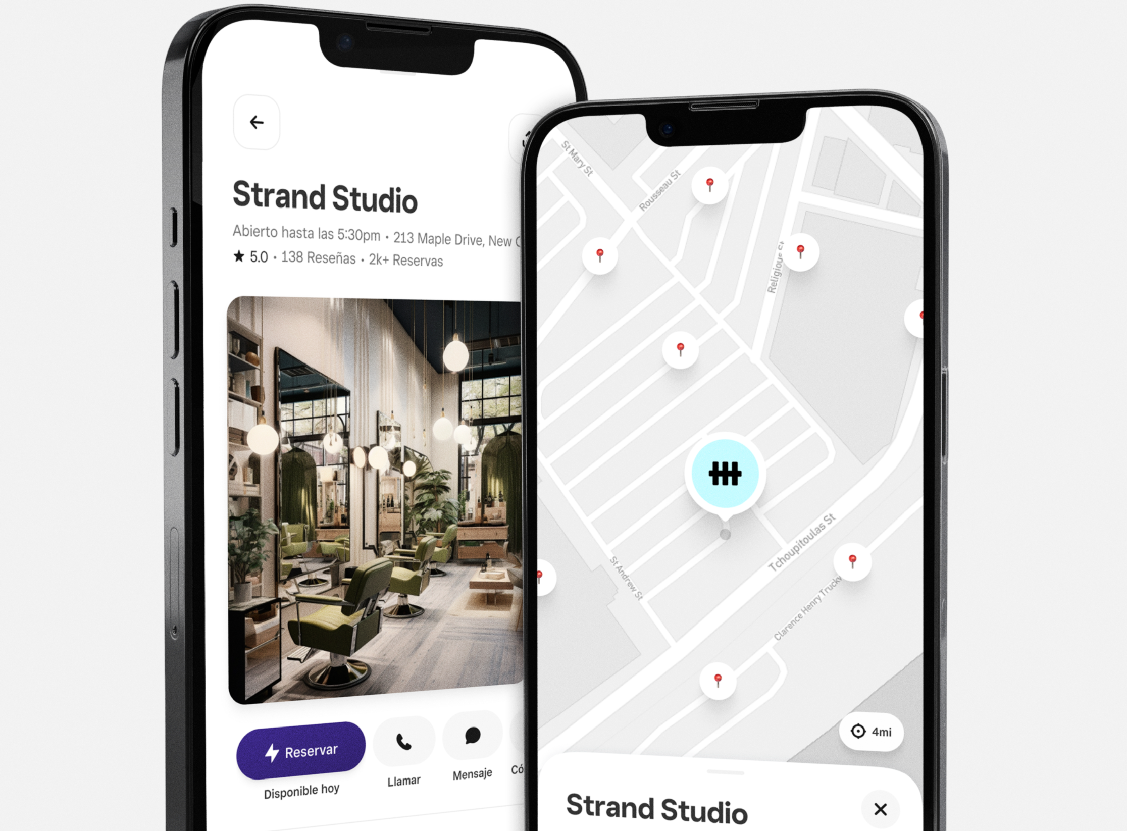 Dos teléfonos uno al lado del otro. Una pantalla del teléfono muestra el nombre del perfil y la imagen de un negocio llamado Strand Studio. La otra pantalla muestra un mapa con la ubicación de Strand Studio.