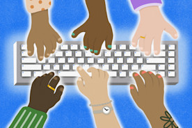 an illustration of a diverse array of hands typing on the same keyboard all on a textured blue background