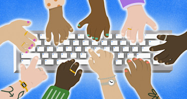 an illustration of a diverse array of hands typing on the same keyboard all on a textured blue background