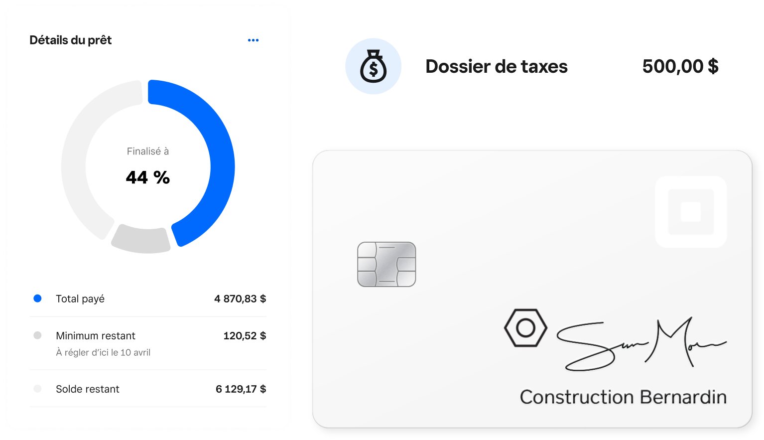 Loan details screen, savings user interface, and Square Card with chip