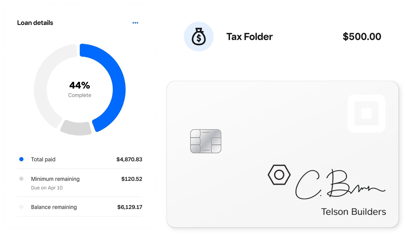 Loan details screen, savings user interface, and Square Card with chip