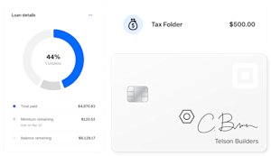 Loan details screen, savings user interface, and Square Card with chip