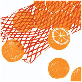 orange and red artwork showing oranges spilling out of a netted produce bag