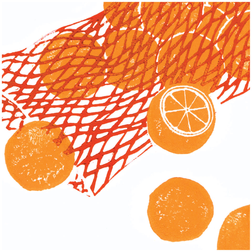 orange and red artwork showing oranges spilling out of a netted produce bag