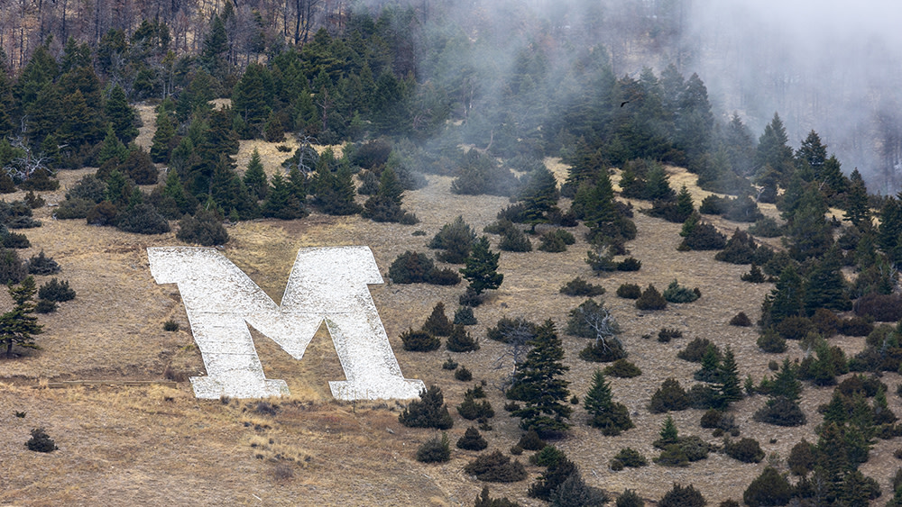 This image shows a large M on the side of Baldy Mountain on the Montana State University campus in Bozeman, Montana.
