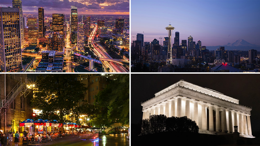 A grid of four cityscapes shows four US cities that are great for Vietnamese international students studying in the US: Los Angeles, Seattle, Washington, DC, and San Antonio.