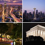 A grid of four cityscapes shows four US cities that are great for Vietnamese international students studying in the US: Los Angeles, Seattle, Washington, DC, and San Antonio.