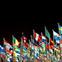 A row of international flags fly against a black background