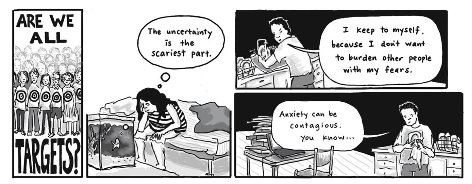 This image shows an excerpt from "Visa Chaos: What 6 Chinese Students Say", a graphic narrative drawn by Rivi Handler-Spitz.