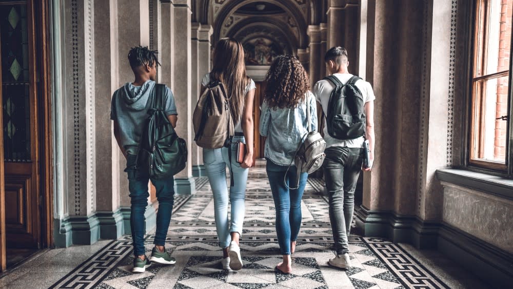 A few from behind four students as they walk down a marble hallway, discussing private universities vs public universities in USA as they prepare to apply to university.