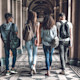 A few from behind four students as they walk down a marble hallway, discussing private universities vs public universities in USA as they prepare to apply to university.