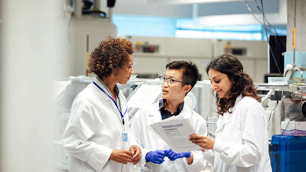 Three international students in a pre-med program stand in lab coats and discuss a chart in their US university hospital