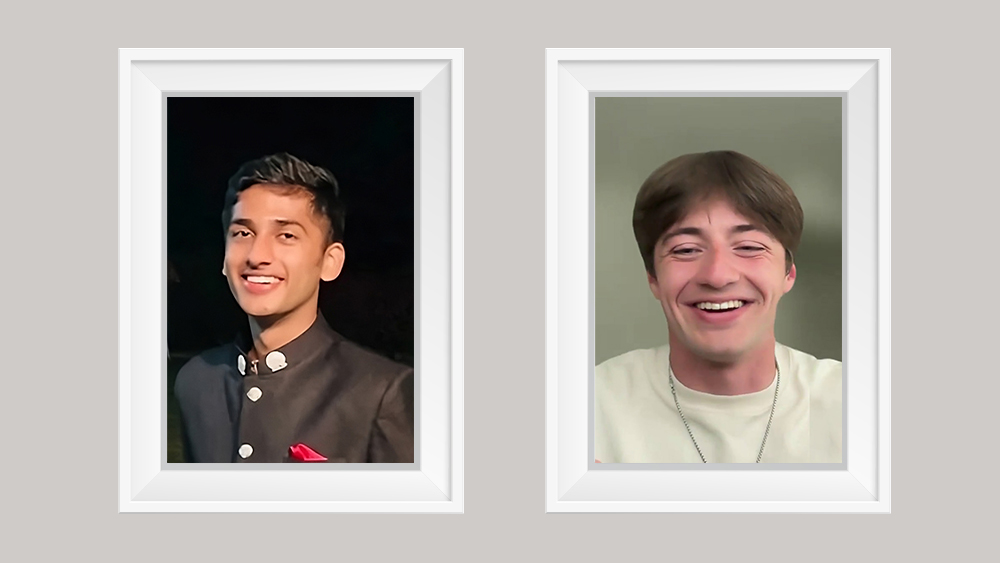 Two framed images of American Collegiate international students, Raghav from India and Semyon from Russia, sit on a beige background.