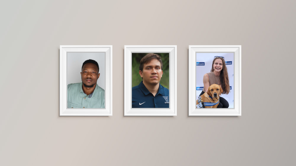 Framed headshots of David, Luis, and Nika, three international students at Villanova University, hang side by side on a wall