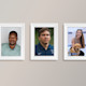 Framed headshots of David, Luis, and Nika, three international students at Villanova University, hang side by side on a wall