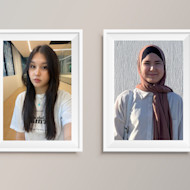 This image features framed photos of Amina and Khadicha, two female international students from Kazakhstan and Kyrgyzstan, respectively, side by side.