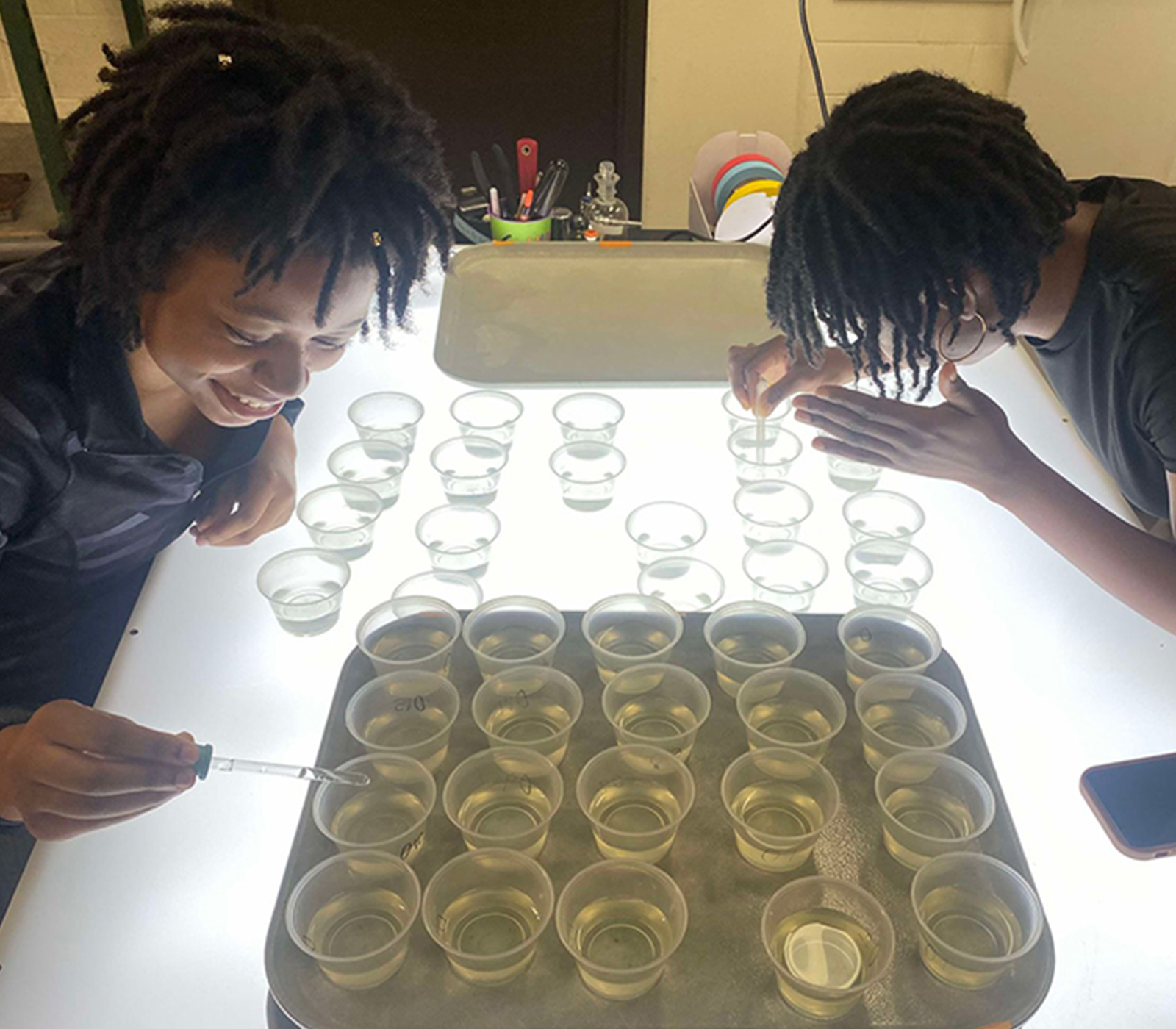 Ore, an international student from Nigeria, works in a lab at the University of Wisconsin-Superior with a lab partner