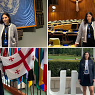 A grid of images of Mariam, an international student from Georgia, on campus at Adelphi University and at her internship at the UN Headquarters