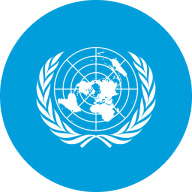 A white world map centered within a grid and surrounded by two olive branches connecting at the bottom. A magenta circle outline surrounds the icon representing the United Nations symbol Logo.