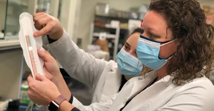 Two female scientists wearing surgical masks test a sanitary pad for leak protection.