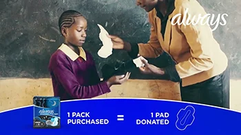 A teacher provides a female student with a sanitary pad. Along the bottom of the image, a blue graphic with white text says, "1 pack purchased equals 1 pad donated."
