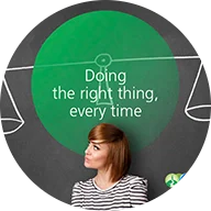 A woman with short hair wearing a striped shirt is looking to her right and standing in front of a chalkboard that has a green circle with the text, "Doing the right thing, every time," written in white. A blue circle outline surrounds the icon.