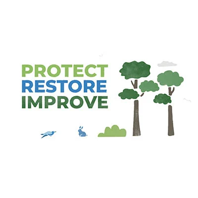 Illustration with 'Protect', 'Restore', and 'Improve' on the left, and trees on the right.