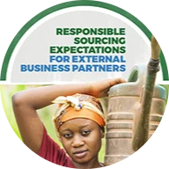 A woman wearing a patterned headscarf and carrying a watering can on her shoulder. Above her, within the same circle icon, green and blue text reads, "RESPONSIBLE SOURCING EXPECTATIONS FOR EXTERNAL BUSINESS PARTNERS."