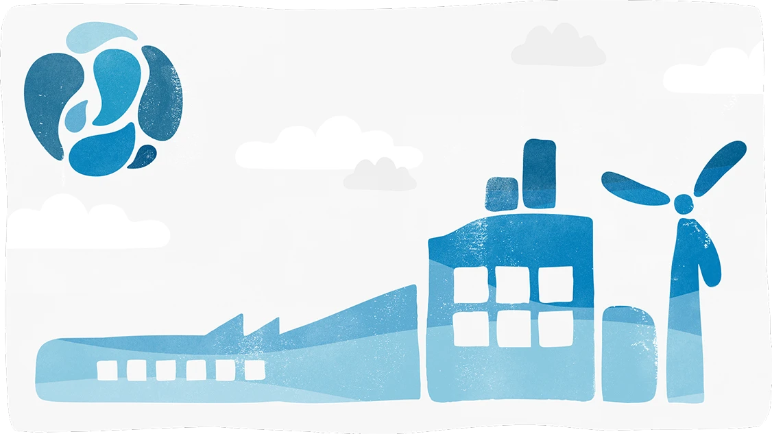 Graphic illustration of water droplets and a manufacturing facility, designed primarily in various shades of blue.
