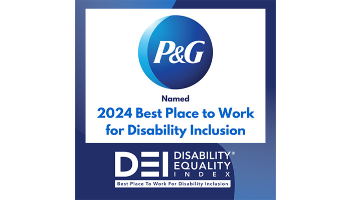 A blue and white graphic featuring a round, blue logo with the word "P&G" on it. Underneath is text that says, "2024 Best Place to Work for Disability Inclusion." Underneath is a text logo for the Disability Equality Index.