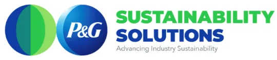 Circle gradient transitioning from blue to green, P&G logo and text 'Sustainability Solutions Advancing Industry Sustainability'.