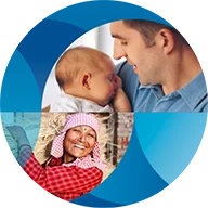 The upper right image shows a man holding a baby close to his chest. The lower left shows a woman wearing a checkered headscarf and a red checkered shirt, smiling.