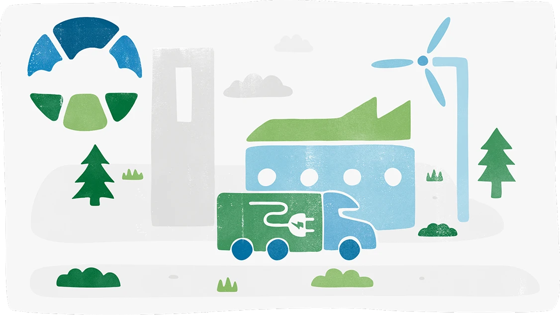 Graphic illustration of a cloud, tree, bush, building, vehicle, windmill, and other elements in green and blue tones.