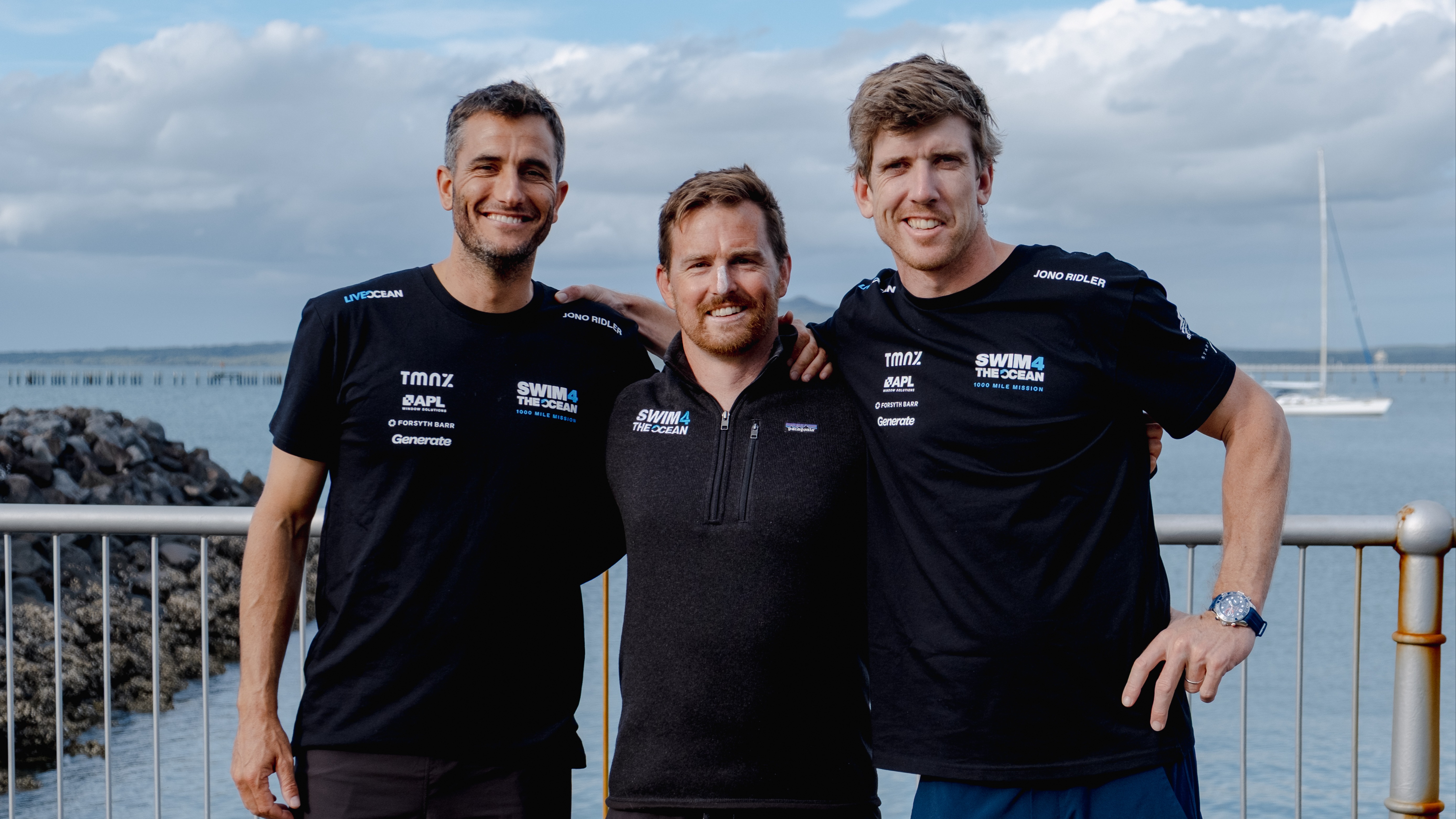 2026 Season // Blair Tuke and Peter Burling with long distance swimmer Jono Ridler