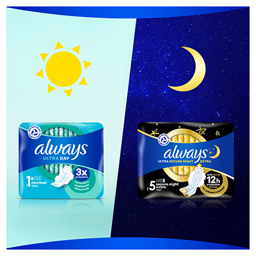 Serviettes hygiéniques avec ailettes Always Ultra Day Normal pour la jour et serviettes hygiéniques avec ailettes Always Ultra Secure Night Extra pour la nuit