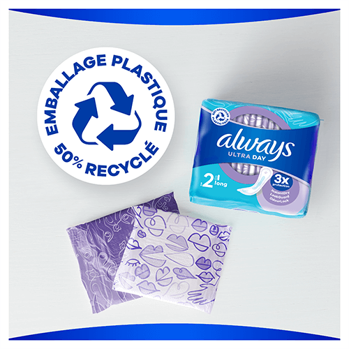 L'emballage des serviettes hygiéniques Always Ultra Day Long fait à 50% de plastique recyclé