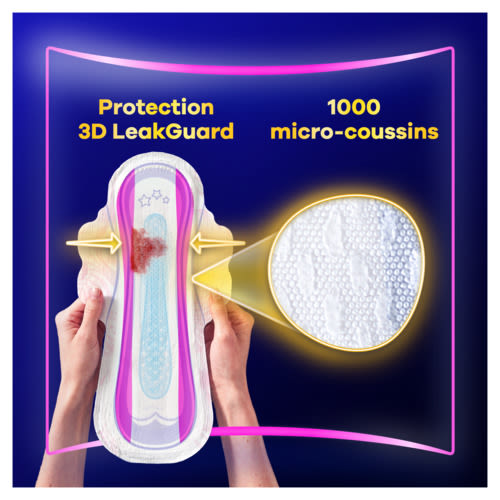 La protection 3D LeakGuard sur les côtés de la serviette et un zoom sur les 1000 micro-coussins