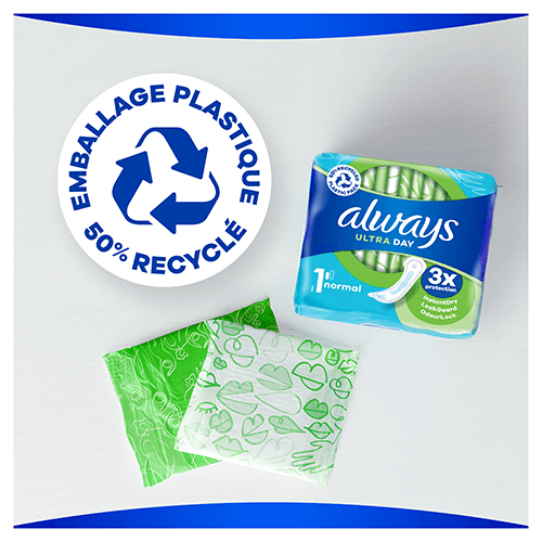L'emballage dess serviettes hygiéniques Always Ultra Day Normal fait à 50% de plastique recyclé