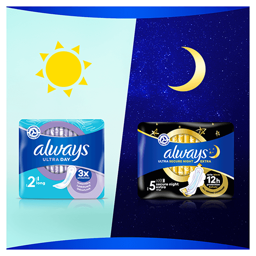 Serviettes hygiéniques Always Ultra Day Long pour la jour et serviettes hygiéniques avec ailettes Always Ultra Secure Night Extra pour la nuit