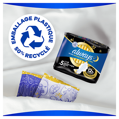L'emballage des serviettes hygiéniques avec ailettes Always Ultra Secure Night Extra fait à 50% de plastique recyclé
