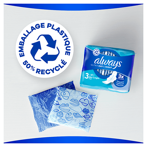 L'emballage des serviettes hygiéniques avec ailettes Always Ultra Day & Night fait à 50% de plastique recyclé