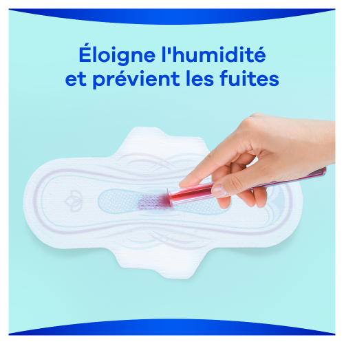 La technologie AntiFuites dans la serviette hygiénique avec ailettes Always Ultra retient l'humidité et aide à prévenir les fuites