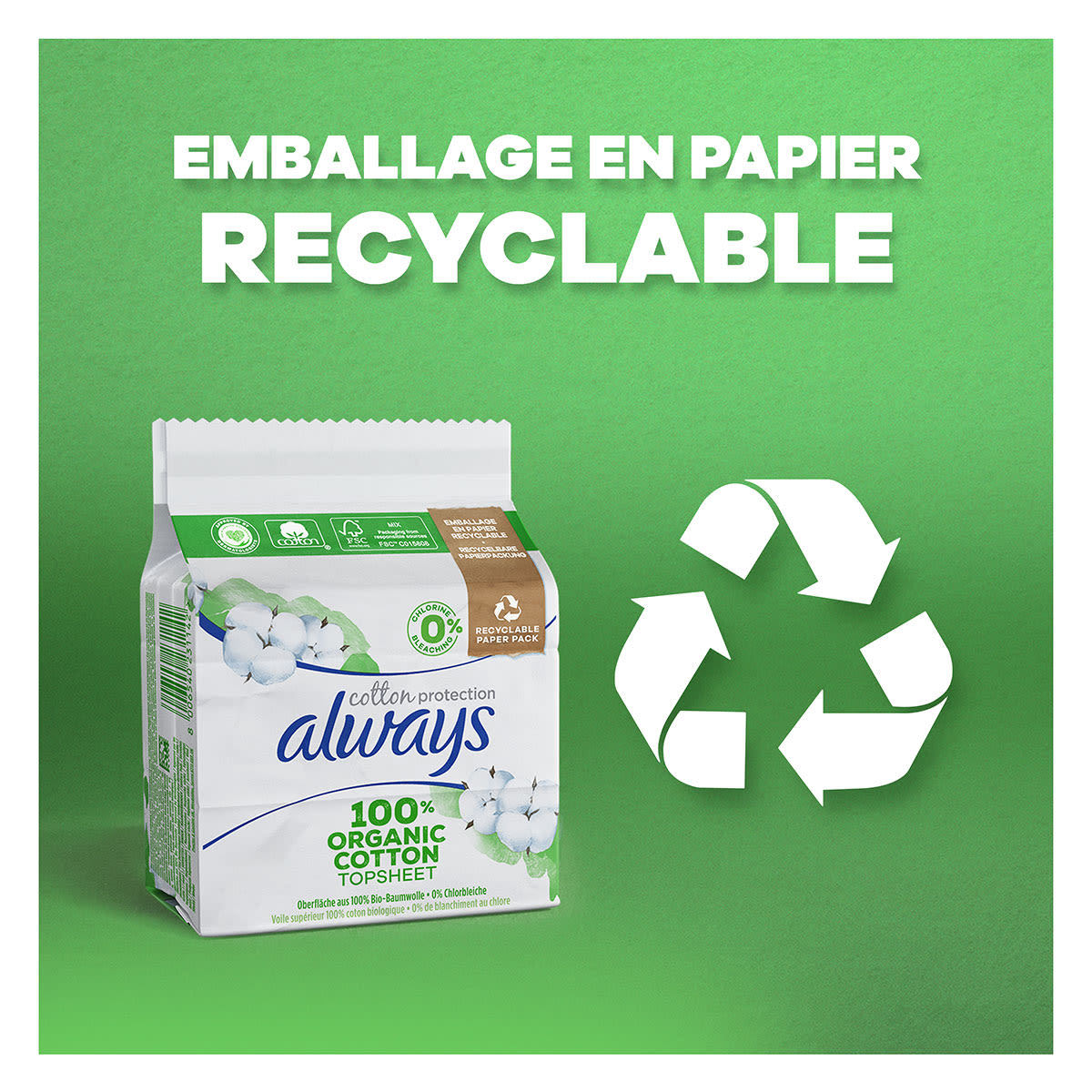 Serviettes hygiéniques Always Cotton Protection avec un emballage en papier recyclable
