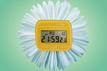 Abstract digital clock with flower petals around it. 