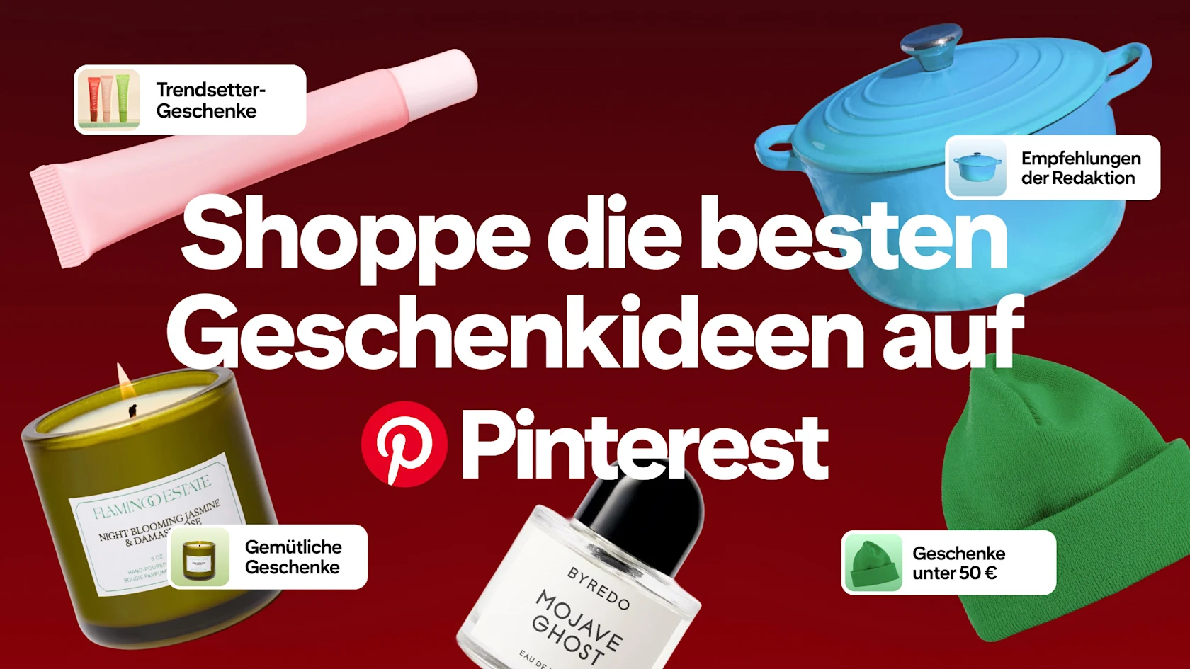Grafik mit rotem Hintergrund, auf der verschiedene Geschenkartikel zu sehen sind, darunter eine pinkfarbene Creme-Tube, ein blauer Dutch Oven, eine grüne Kerze, eine grüne Mütze und ein Parfümflakon. In der Mitte steht ein großer
