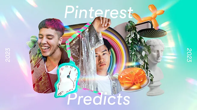 Su uno sfondo colorato e sfumato, un collage di immagini ispirate alle nuove tendenza circonda le parole "Pinterest Predicts 2023"