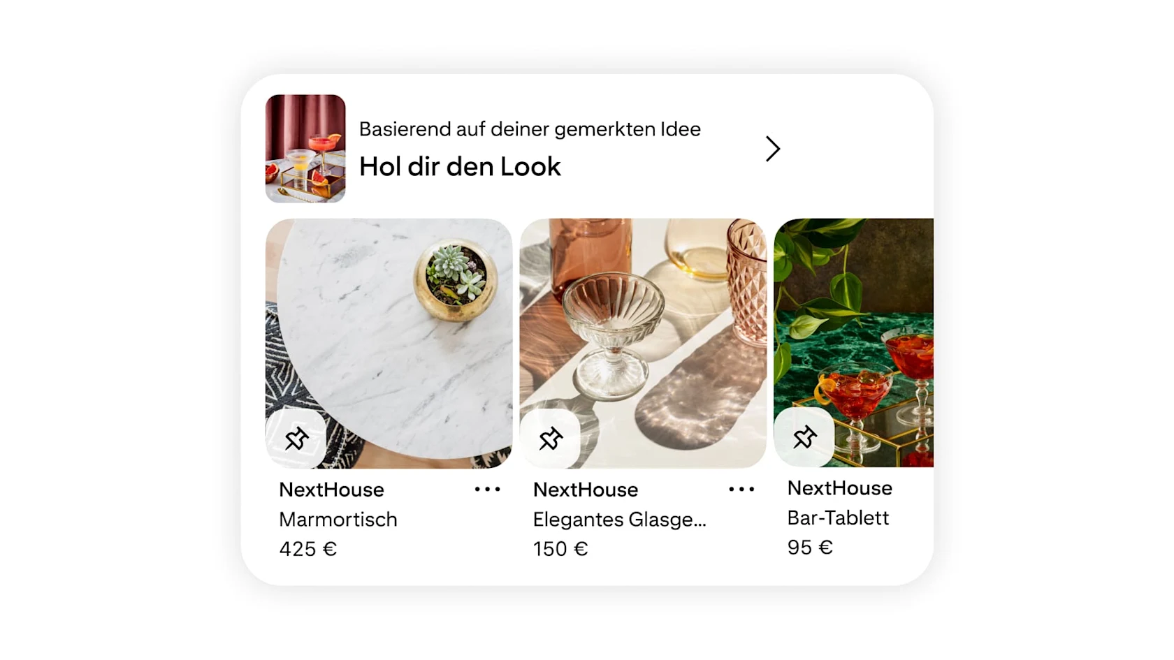 Eine Pinterest-Shopping-Empfehlung, die einen Marmortisch, elegantes Glas Geschirr und ein Bar-Tablett zeigt