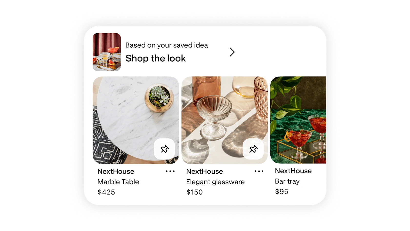 A Pinterest shopping recommendation showing a marble table, elegant glassware, and a bar tray